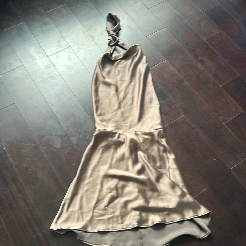 NWT Zara open back satin mushroom color halter dress.